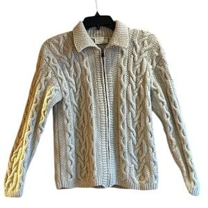 Fisherman Style Cottage Core Coastal Grandma Wool Cable Knit Vtg Zip Sweater M